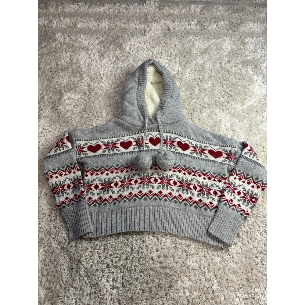 Ruby Moon Grey Fair Isle Heart Snowflake‎ Sherpa Lined Hoodie Sweater Women's M